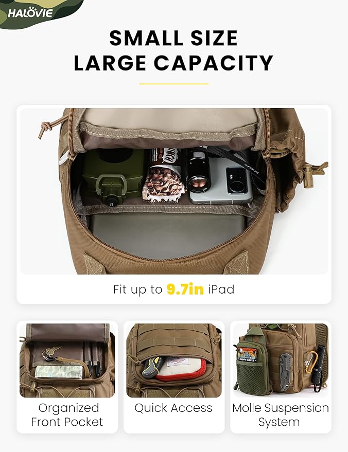HALOVIE Anti-theft Tactical Sling Bag RFID Khaki Military Shoulder Bag with Phone Pack EDC Molle Crossbody Bag for men