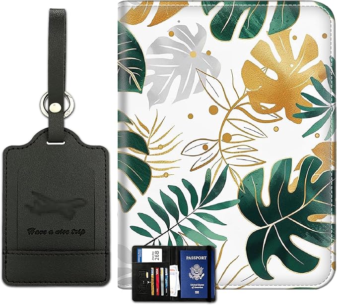 Passport Wallet, Passport Holder with RFID Blocking and Luggage Tag, Waterproof PU Leather Travel Documents Organizer Case, Passport Covers with Card Slot for Women & Men, Tropical Leaves Botanical