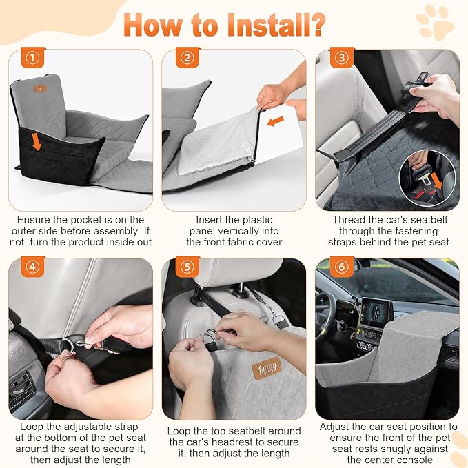 Elevated Dog Car Seat, Dog Booster Car Seats for Small & Medium Breeds Up to 35lbs, Fully Detachable and Washable, Soft Foam Pet Carseat with 2 Storage Pockets & 3 Safety Belts, Black & Gray
