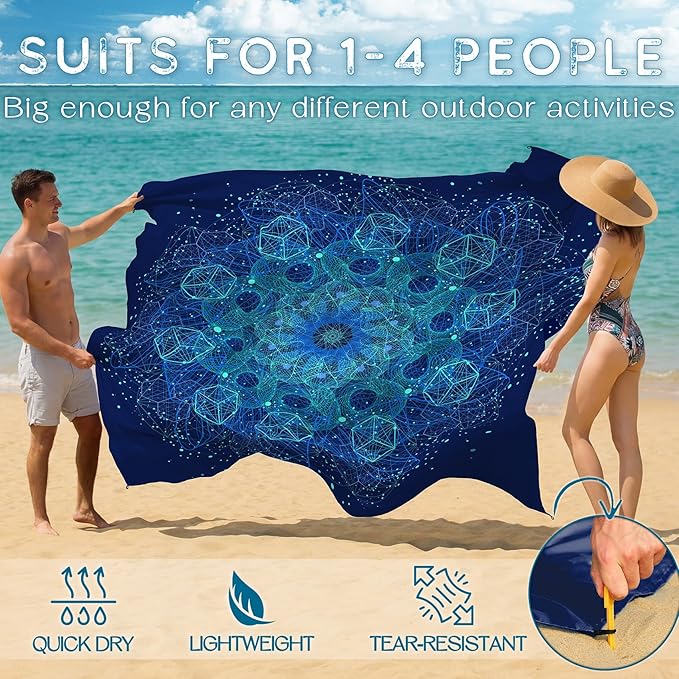 BYDOLL Beach Blanket Waterproof Sandproof Large Sand Free,78''X81''/10'X9' Oversized Sandless Lightweight Blanket Picnic Mat for Beach Travel Camping Hiking with Stakes
