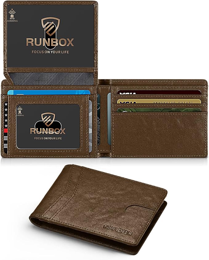 RUNBOX Wallet for Men -Slim Rfid Leather Mens Bifold Novelty Wallets 2 ID Window With Gift Box Men's Accessories | Slim