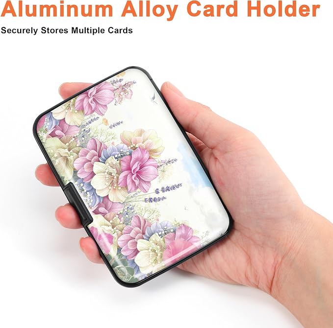 Mayski 2 Pack Credit Card Holder for Women, RFID Blocking, Pink Flower Aluminum Alloy Hard Case, Small Mini Business Metal Wallet for Men