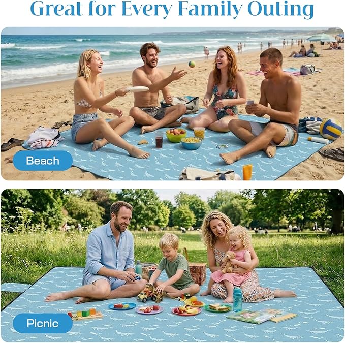 OIGAE Oversized Beach Blanket, 9×10 ft Sand-Free Outdoor Mat for Groups, Quick-Dry Picnic Blanket with Stakes & Corner Pockets, Whale, Light Blue