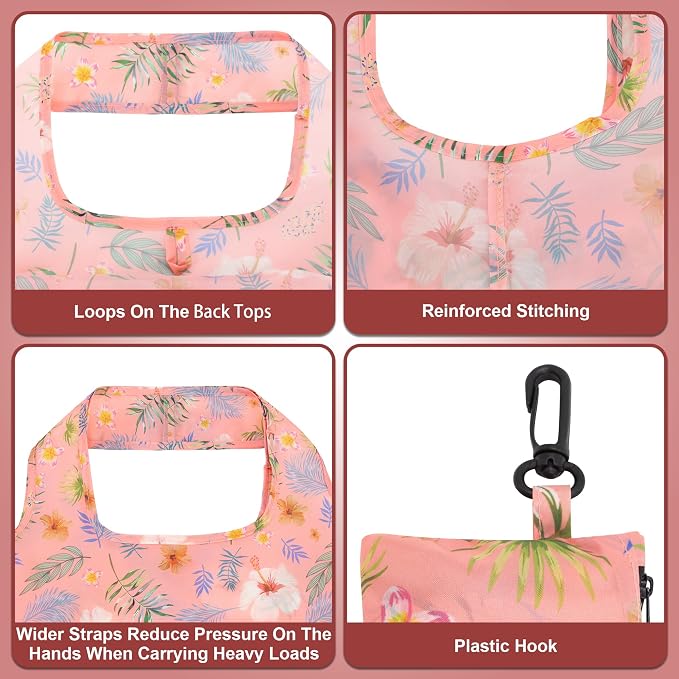 HOLYLUCK Reusable Grocery Bags,Heavy Duty Foldable Shopping Tote Bag (Standard, Pink floral)