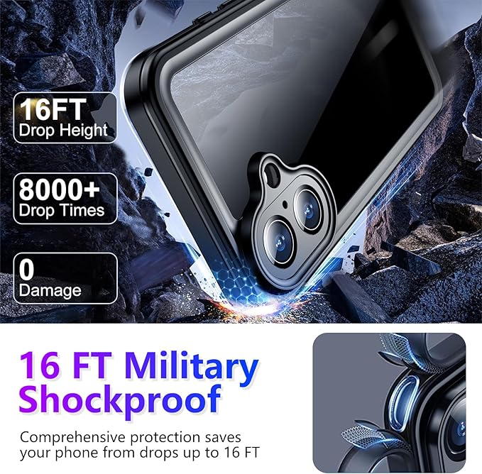 Compatible with iPhone 16 Case Waterproof, Built-in Screen & Camera Protector IP68 Underwater Full Body 16FT Military Dropproof Shockproof Phone Case 6.1"-Black/Clear