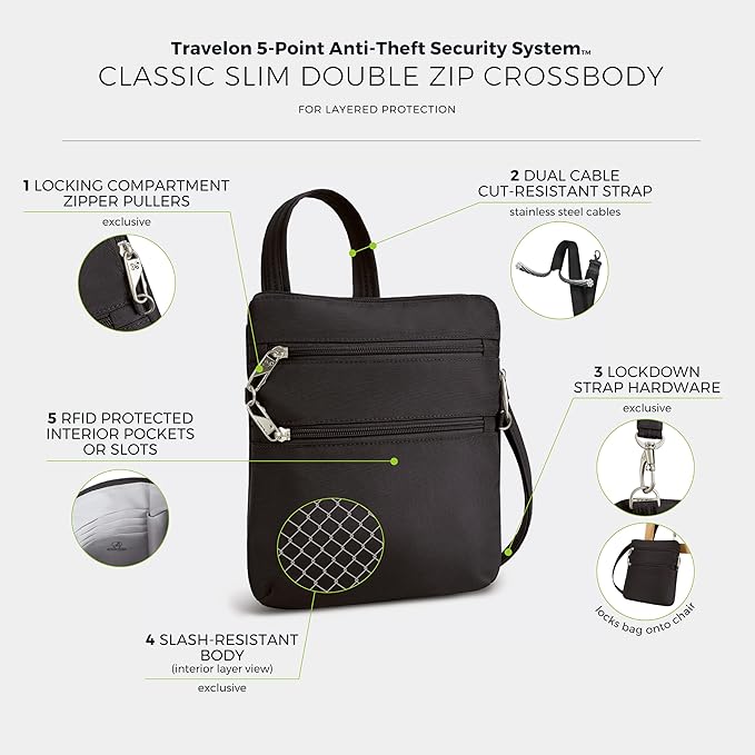 Travelon Anti-theft Classic Slim Double Zip Crossbody