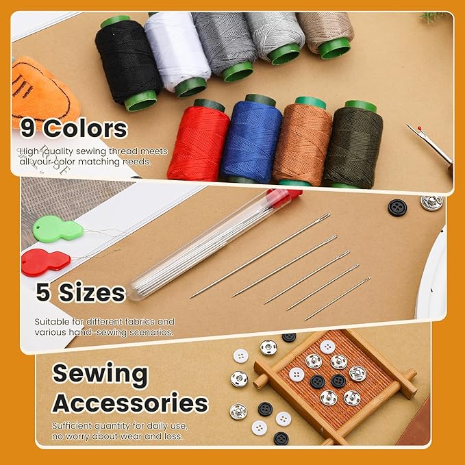 TLKKUE Sewing Kit, Travel Sewing Kit with Upholstery Threads, Hand Sewing Needles Curved Needle Seam Ripper, Needle and Thread Kit for Sewing Repair Clothing DIY (9 Colors Thread)