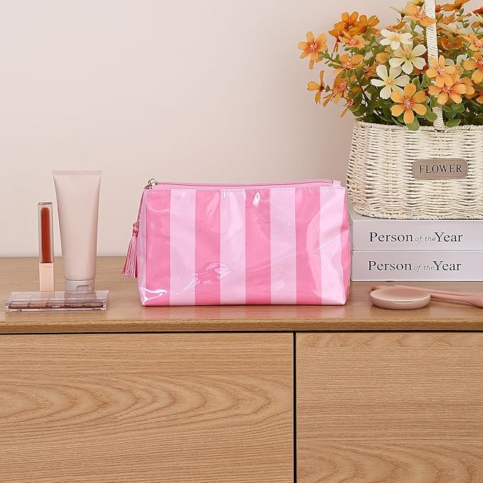 DYSHAYEN Makeup Bags for Purse,Small Clear Coated Cosmetic Bags for Women Girls, Waterproof Travel Organizer Zipper Pouch Beach Vacation Essentials (Pink-Hot Pink)