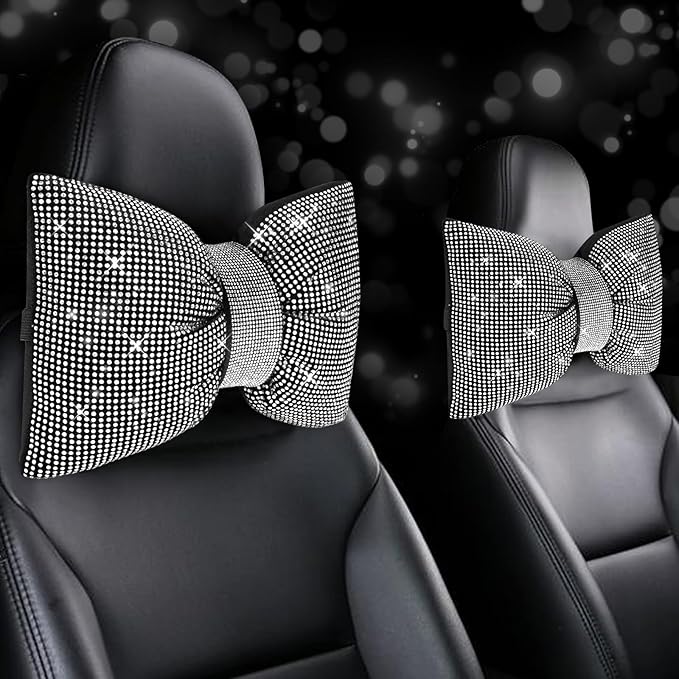 ChuLian 2 PCS Bling Car Pillows, Rhinestones Bowknot Bling Car Headrest Pillow, Car Neck Pillow for Driver Cool Relax Necksupport, White Crystal Diamond Car Accessories for Women
