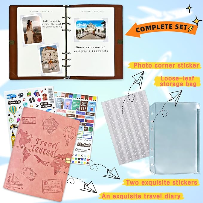 Travel Journal for Women Men and Couples, Leather Travel Notebook with Prompts, Travel Memory Book & Adventure Book (Pink)