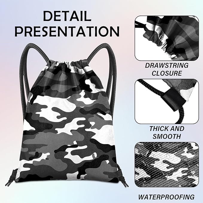 Drawstring Backpack for String Bag Waterproof Cute Sports Beach Swimming Travel (13"×17")-Black Camouflage