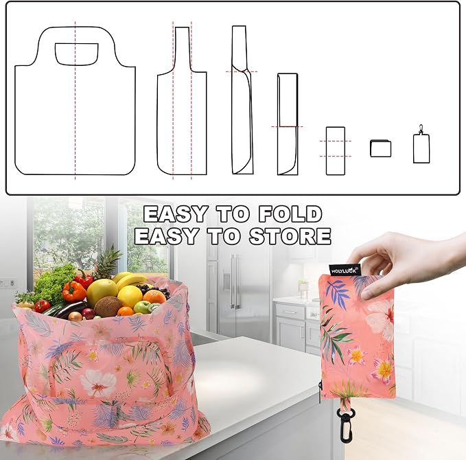 HOLYLUCK Reusable Grocery Bags,Heavy Duty Foldable Shopping Tote Bag (Standard, Pink floral)