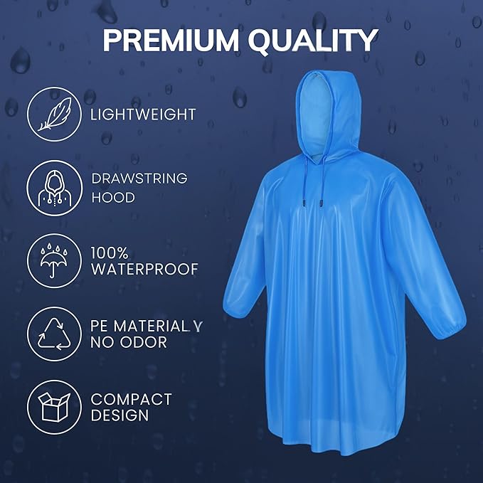Mindful Design Rain Ponchos with Drawstring Hood Disposable Emergency Poncho for Adults