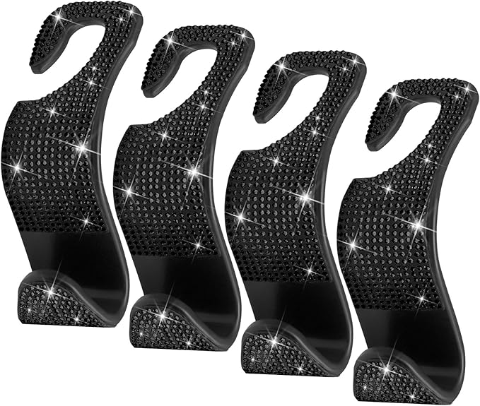 4 Packs Car Purse Hook, Bling Seat Headrest Bag Holder Hanger for Car, Easy Install Car Organizer Accessories Gift for Women (Black)