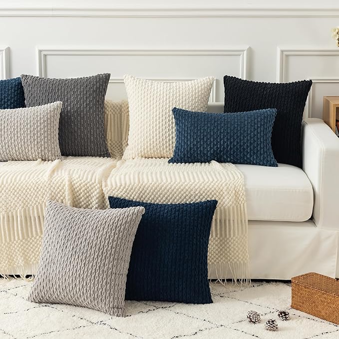 Kevin Textile 14x22 Inch Pillow Cover 1 Pack Boho Decorative Soft Striped Corduroy Lumbar Farmhouse Solid Color Accent Rectangle Cushion Case for Living Room Couch Sofa Bed, Blue
