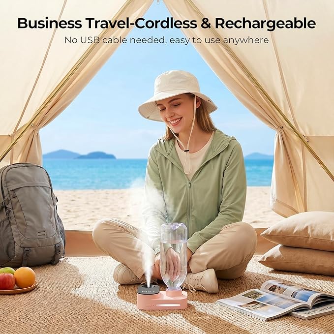 Travel Humidifier, Portable Mini Cool Mist Humidifier, Small Bottle Humidifier with Auto Shut-Off, Night Light, USB Rechargeable, for Bedroom, Office, Hotel, Car and Plants, Pink