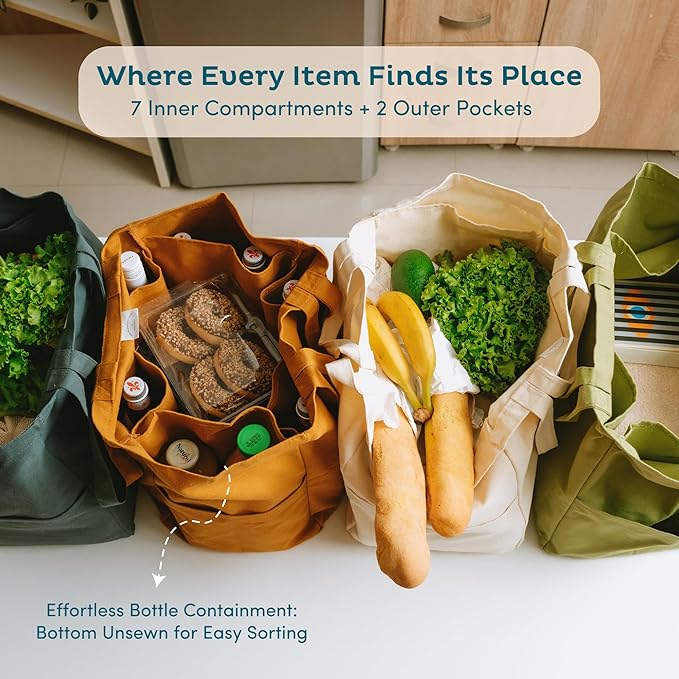 Nook Theory 3-Pack Reusable Grocery Bags - Heavy Duty, Large 12 Oz Cotton Canvas Reusable Shopping Bags With Pockets, 100% Cotton Cloth Grocery Totes, Foldable Multi Compartment (Khaki)