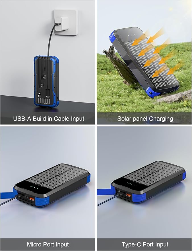 MINRISE Solar Charger Power Bank, 40000mAh Portable Charger PD 20W Fast Charging Solar Power Bank Built in 4 Cables and USB-C in/Output, Camping Essentials External Battery Pack with Flashlights