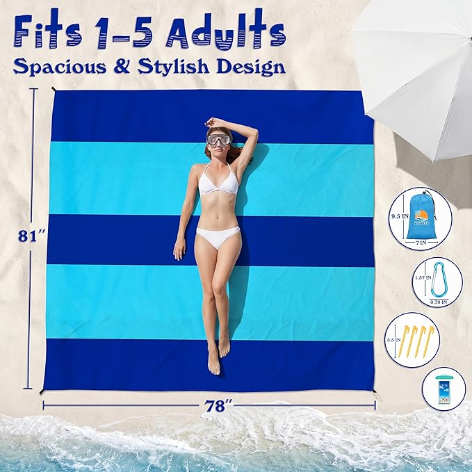Aroveea Beach Blanket Waterproof Sandproof 1-7 Adult Oversized 78''X81''/10'X9' Lightweight Durable Compact Sand Free Beach Mat for Travel Camping Hiking Picnic Blanket