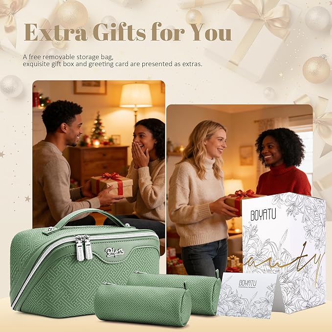 BOYATU Travel Makeup Bags for Women: Vintage Roman Column Texture Large Capacity Cosmetic Bag - Each Journey, Quiet Luxury Serenity - 3 Pcs Set Organizer Toiletry Purse 50% Extra Storage(Green)