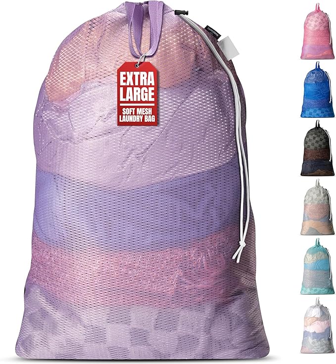 Handy Laundry Mesh Laundry Bag 24 x 36 Inches - Extra Large Heavy Duty Bag with Handles & Shoulder Strap, Breathable, Machine Washable for Dorm, Travel, Bedding & Storage - Purple