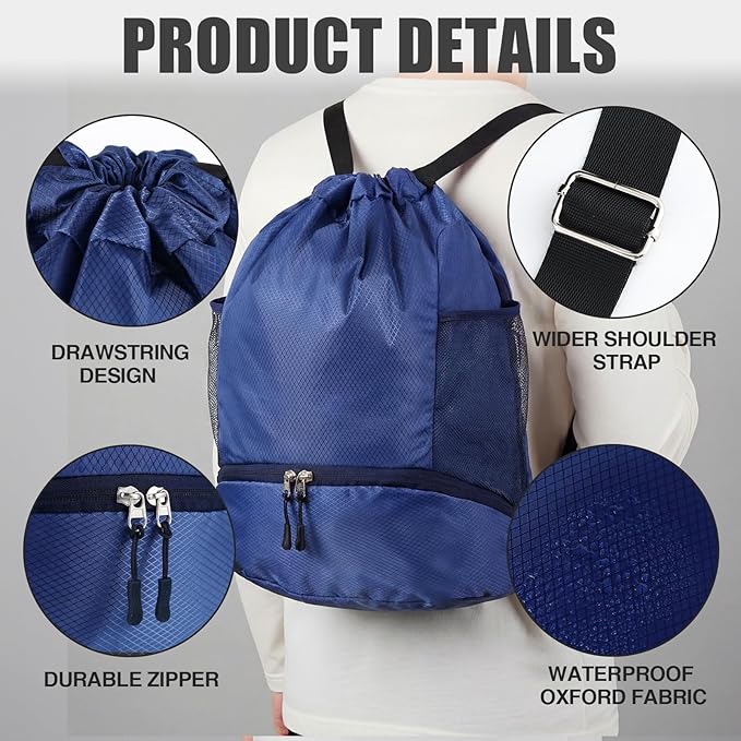 6 Pack Gym Drawstring Backpack Bags Bulk with Shoe Compartment for Sports Wet Proof Pocket for Men Women Large(Blue, Black)