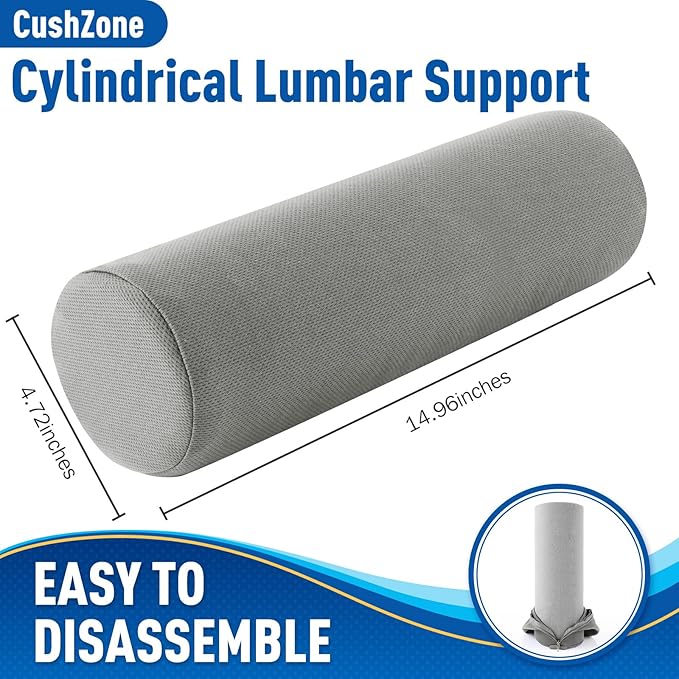 Lumbar Roll Support Pillow for Office Chair, Car, Gaming Chair, Memory Foam Back Cushion with Washable Cover for Relieving Back Pain & Improving Posture, Large,Light Grey