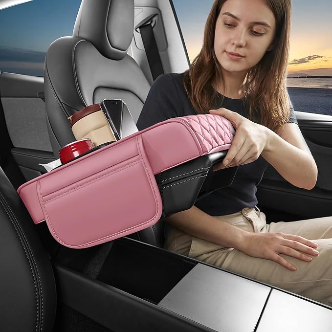 5 in 1 Car Center Console Cover, Armrest Pad with 2 Storage Pockets, Cup Holder, Tissue Slot, Phone Holder, Nappa Leather Memory Foam Car Accessories for SUV Sedan Truck (Pink)