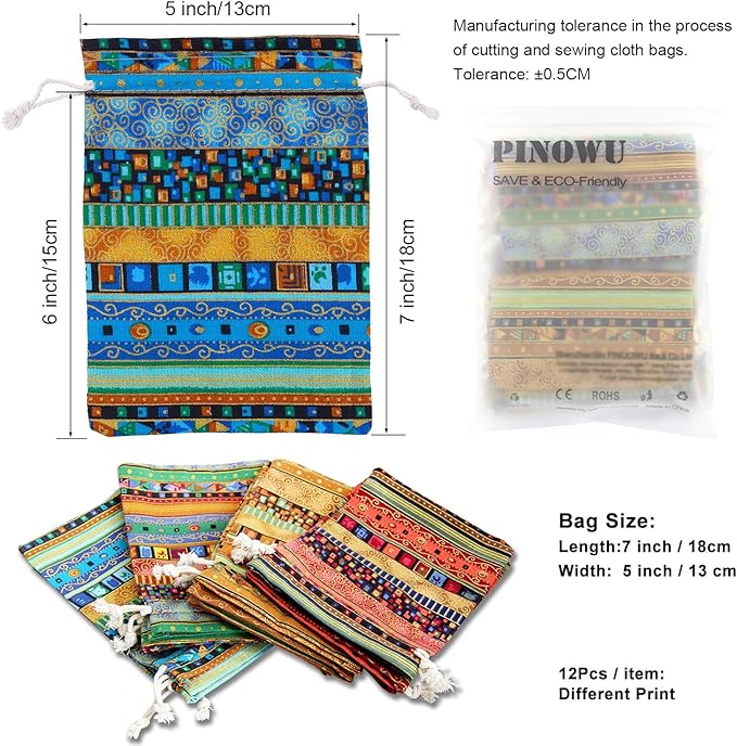 PINOWU Ethnic Style Drawstring Gift Bag 5x7 Cotton Reusable Pouches (12pcs) Jewelry Coin Storage Pouch Eco-Friendly Sachet Bags for Candy Wedding Party Valentine Favors