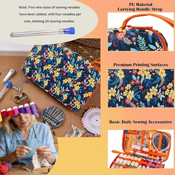 Bobode Printing Travel Basic Sewing Kit with 130PCS Accessories | Professional Sewing Supplies with 24 Sewing Thread,Floral Pattern Sewing Kit for Adults,Emergency and Beginners