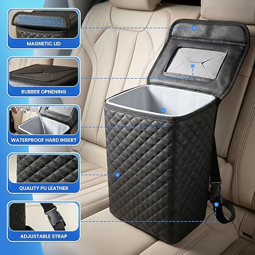 Tsumbay Car Trash Can with Lid, Leather Garbage Can, Leakproof and Removable Interior Liner, Multipurpose Hanging Garbage Bin with Quick Access Magnetic Opening, Trash Bin for Car (2 Gallon/7.5L)