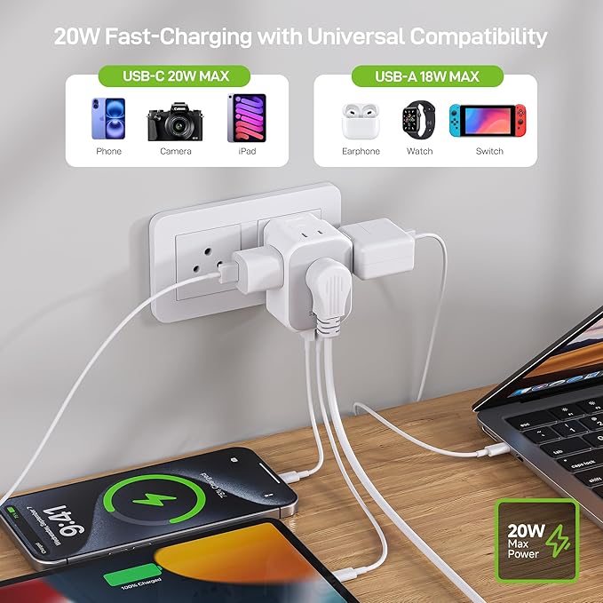 EPICKA Thailand Travel Plug Adapter, Foldable & Detachable Type O (Thailand) VisaPlug, 8-in-1 International Power Adapter with 4 USB Ports (2 USB-C PD 20W), Cruise Approved, US to Thailand, White