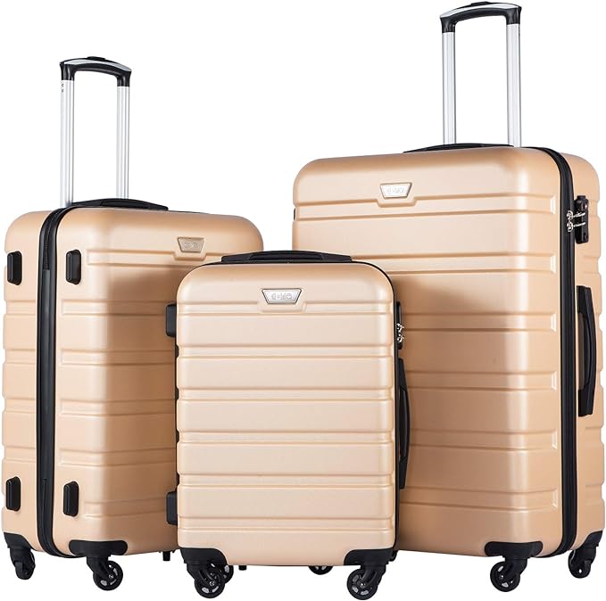 Coolife Luggage 3 Piece Set, Lightweight Durable Hardshell Suitcase set with 360° Spinner Wheels, TSA-approved Lock, Checked Family Travel Luggage sets, 20/24/28 Inch, Champagne New