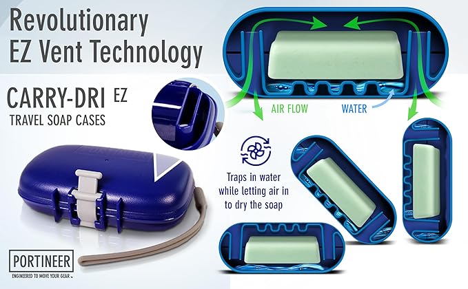 Carry-Dri EZ Travel Bar Soap Container & Dish - Dries with Patented Air Vents - Durable Leakproof Soap Holder - Compact Soap Bar Case - Ultimate Portable Soap Box for Traveling - Blue-Red