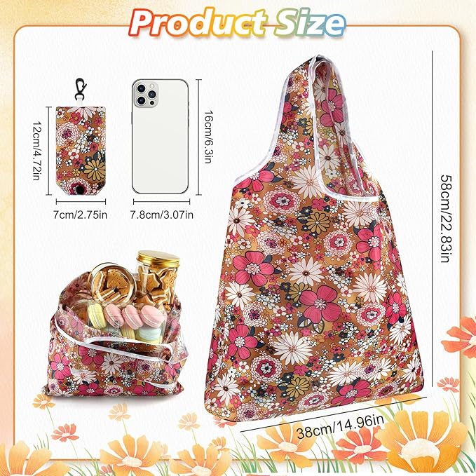 MIAHART Reusable Grocery Bags Foldable Groceries Shopping Bags Foldable Cute Tote Bags Fashion Bags Waterproof Nylon Grocery Bags (Flower Style)