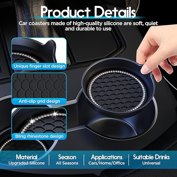 Amooca Car Cup Coaster Universal Non-Slip Cup Holders Bling Crystal Rhinestone Car Interior Accessories 2 Pack Black
