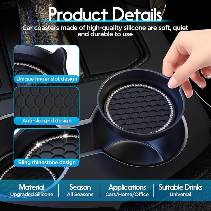 Amooca Car Cup Coaster Universal Non-Slip Cup Holders Bling Crystal Rhinestone Car Interior Accessories 4 Pack Black