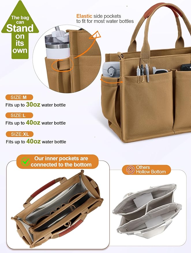 FIORETTO Womens Canvas Tote Bag Purse with Individual Compartment, Zipper Top, Reinforced Bottom & Luggage Sleeve