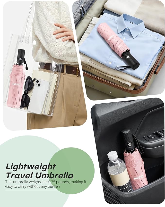 HIPPIH Compact Travel Umbrella for Rain - Windproof Automatic Umbrellas, UV Umbrella for Sun Protection with Black Anti-UV Coating, Portable Small Umbrellas for Backpack, Car, Walking, Kids, Women
