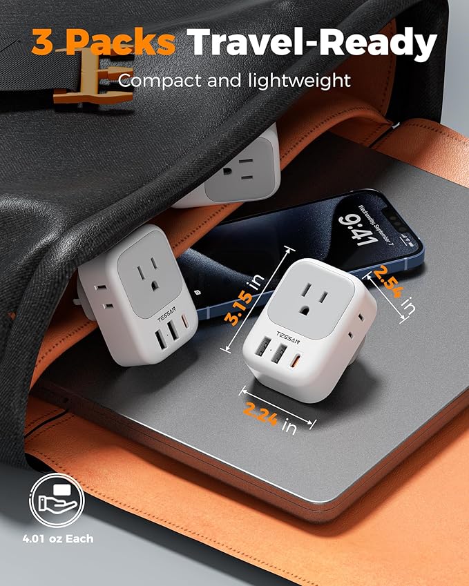 Type G Adapter for Travel 3 Pack, TESSAN US to UK Plug Adapter with 4 Outlets 3 USB Ports (1 USB C 20W), Ireland Power Adaptor for USA to England London Scotland Dubai Singapore Hong Kong British UAE