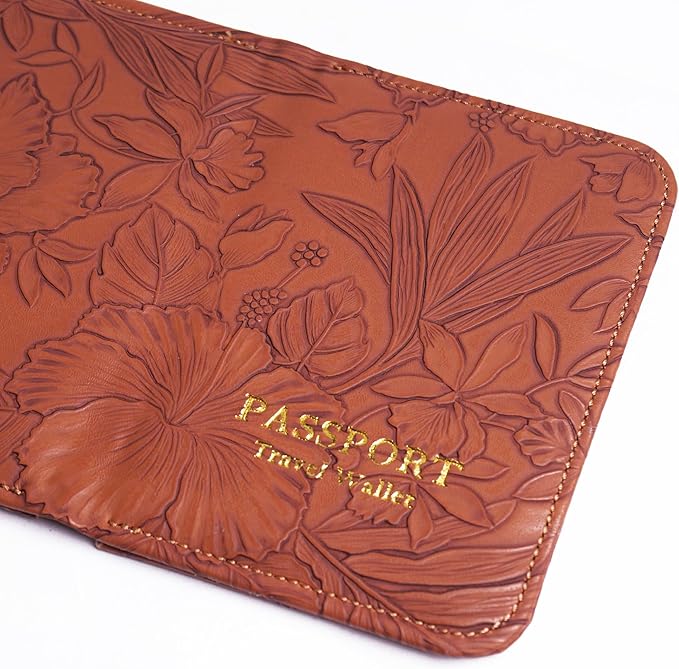 lizimandu Passport Holder with Airtag Slot, Airtag Passport Wallet for Men Women, Slim Leather Passport Holder Case Family for Travel Anti-Lost(1-Carved Light Brown)