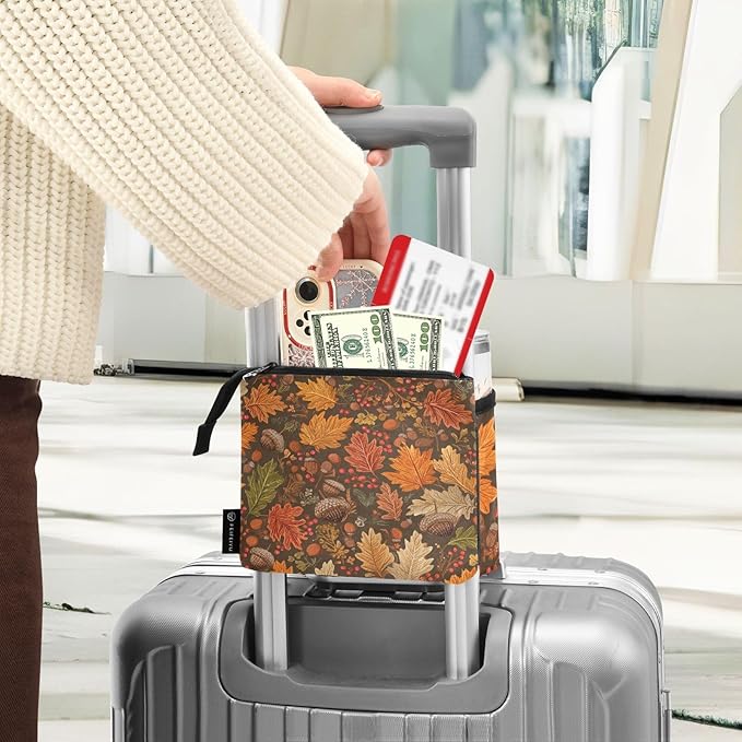 Luggage Cup Holder for Suitcases Free Hands Suitcase Cup Holder Travel Luggage Drink Holder Portable Luggage Cup Caddy Bag Carrier with Handle Brown Maple Leaves Acorns Berries Branches