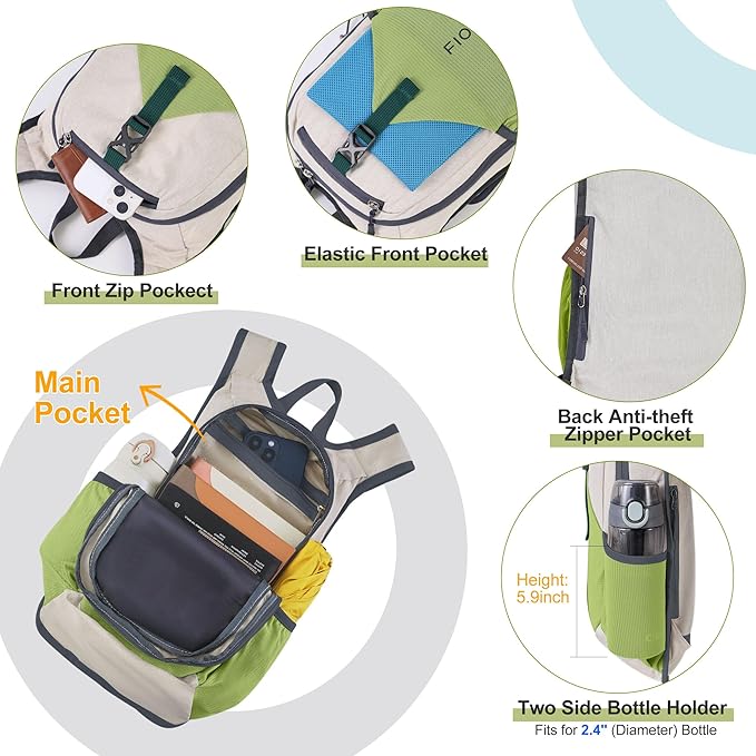 FIORETTO 10L Hiking Backpack for Women Men Mini Packable Backpack Lightweight Small Daypack for Camping Travel Outdoor, Beige and Green
