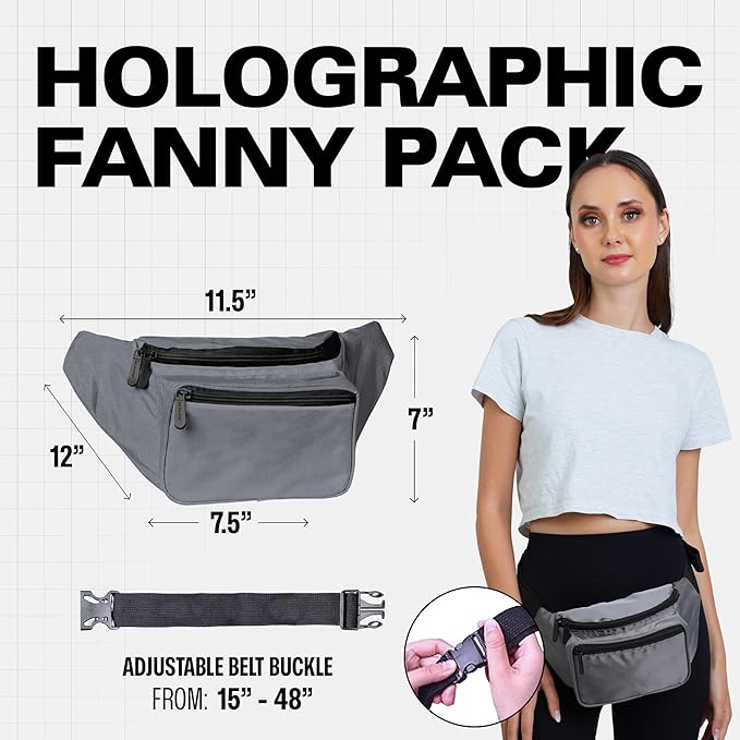 Gray Fanny Pack Belt bag - Crossbody Waist Bag for Men or Women - Hands-Free, Waterproof Large Bumbag for Hiking, Running, and Travel