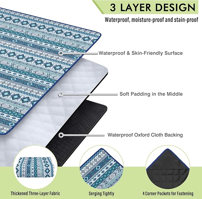 Tribal Picnic Blankets Waterproof Foldable, 60″X80″ Packable Picnic Mat Western Outdoor Blanket for Grass, Boho Large Beach Blanket Sandproof Picnic Accessories for Camping Music Festival Park Travel