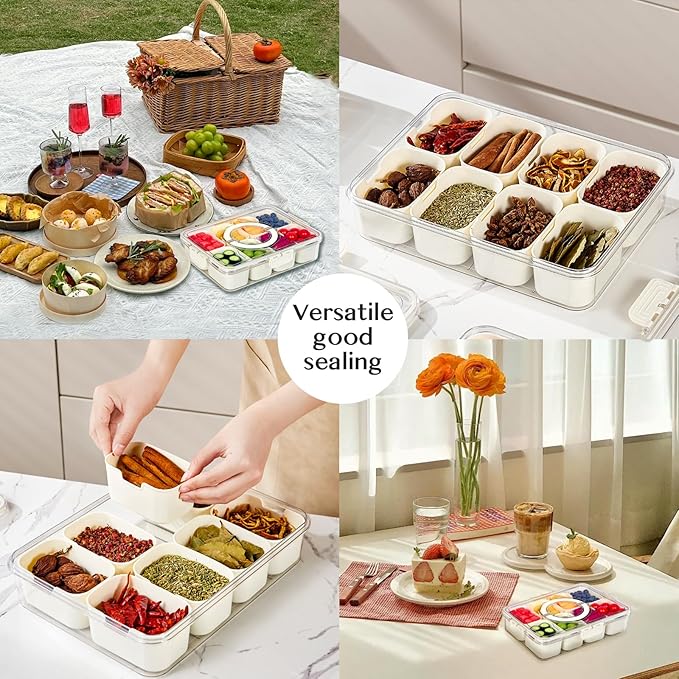 Dunruz Snackle Box Container,Portable Snack Box 8 Compartment Divided Serving Tray with Lid,Clear Storage Organizer for Fruit Candy Nuts Veggie-Perfect for Road Travel Party (1 Pack-8 Compartments)
