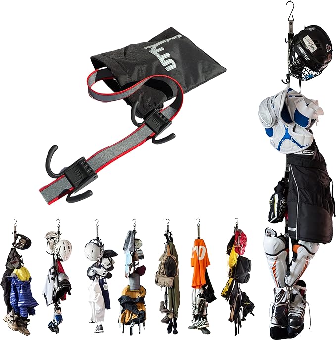 UTTY Multipurpose Portable Hanging Rack - Durable Hockey Gear Drying Rack & Sports Equipment Organizer - 6 Durable Adjustable Hooks, Support Light to Heavy Weight for Home, Travel & Outdoor Use