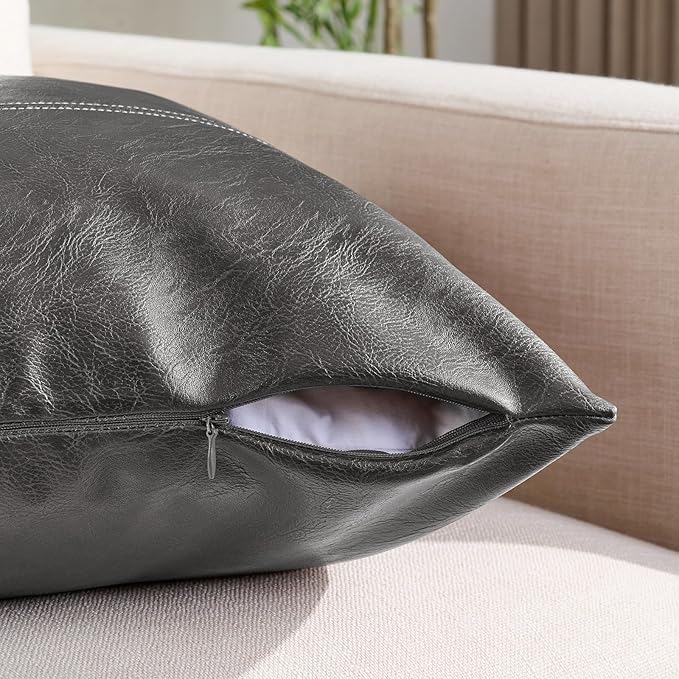 Fancy Homi Dark Gray Long Lumbar Faux Leather Decorative Throw Pillow Covers 14x24 Inch for Outdoor Couch Bed, Modern Farmhouse Boho Home Decor, Charcoal Gray Hand Stitched Cushion Case 35x60 cm