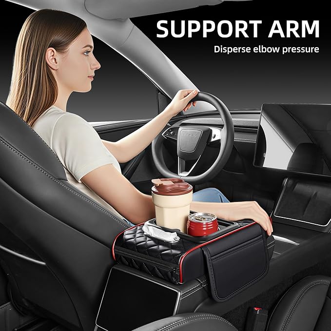 5 in 1 Car Center Console Cover, Armrest Pad with 2 Storage Pockets, Cup Holder, Tissue Slot, Phone Holder, Nappa Leather Memory Foam Car Accessories for SUV Sedan Truck (Black Red Stitch)