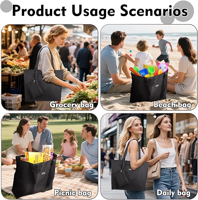 AOTIAN Heavy Duty 20 Liter Reusable Grocery Bags, Thickened Tear-Resistant Polyester Fabric Foldable Machine Washable Shopping Bags, Zipper Closure Water-Resistant Large Tote Bag Travel Gym Beach Bag